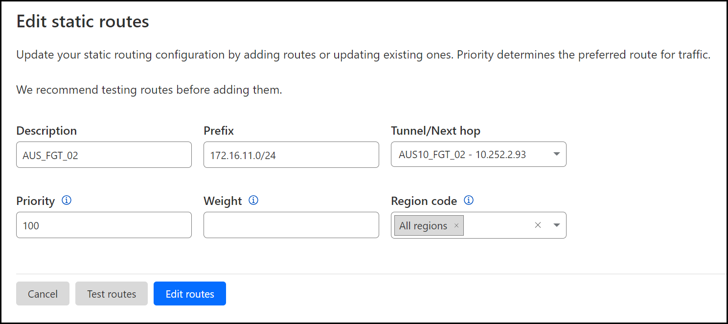 The second static route should have the values mentioned above.