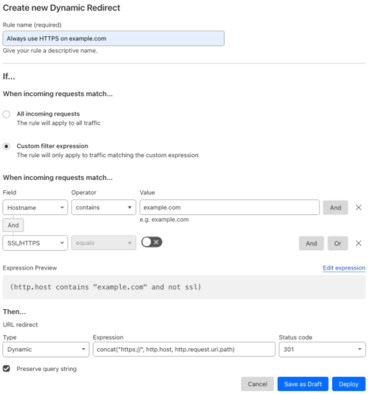 Dynamic redirect matching the &lsquo;Always Use HTTPS&rsquo; setting of the example Page Rule