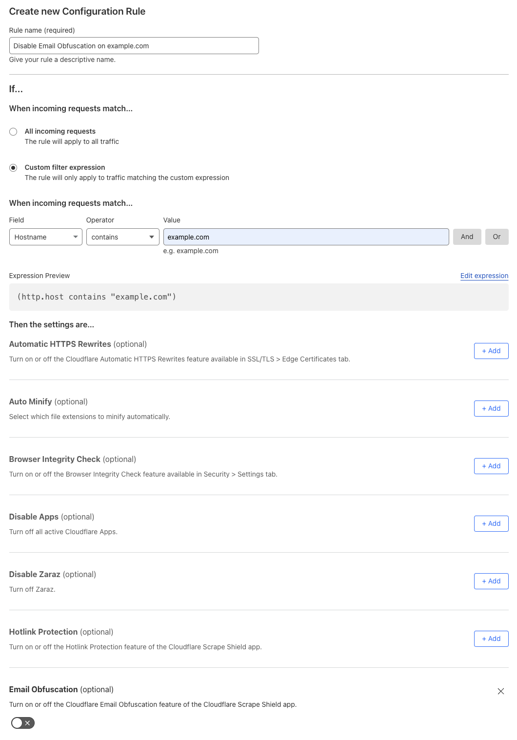 Configuration rule matching the &lsquo;Email Obfuscation &gt; Off&rsquo; setting of the example Page Rule